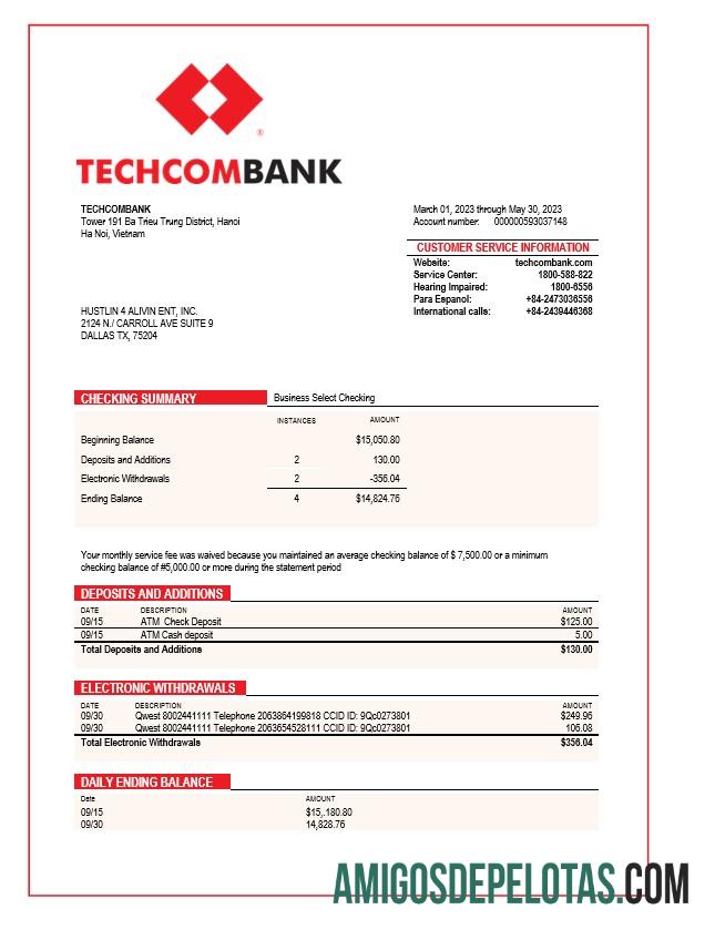 Realista Techcombank Extrato de conta corrente corporativa modelo Word e PDF